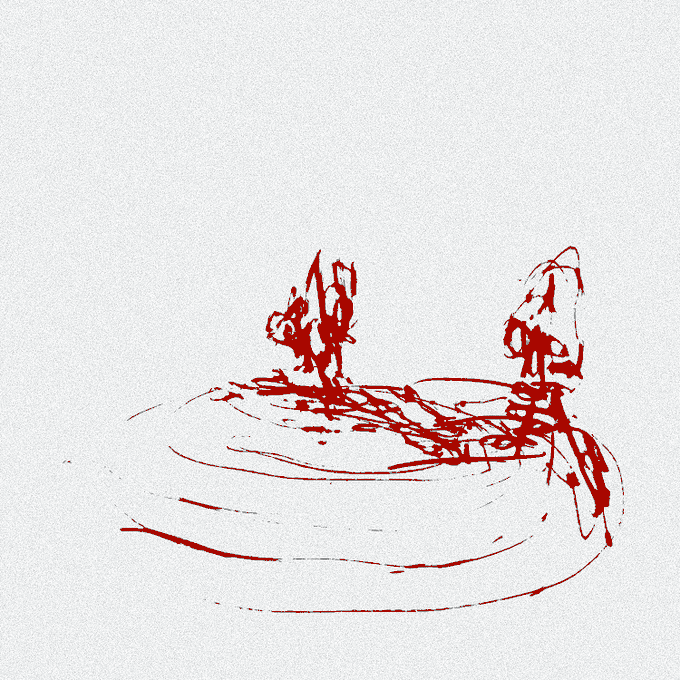 A red ink sketch on textured white paper depicts two abstract figures—one appearing as a small form with raised shapes, the other a taller standing figure with a pointed head—interacting on a curved platform, rendered in loose, expressive strokes characteristic of the editioned generative artwork posted on Manifold.