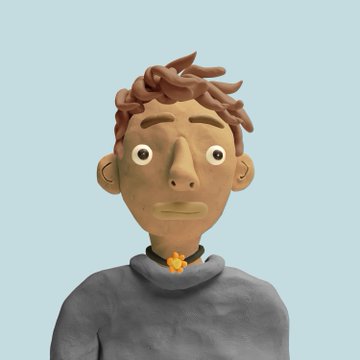 A 3D rendered cartoon character with brown messy hair, wide eyes, and a small smile, wearing a gray turtleneck with a small orange flower on a light blue background.
