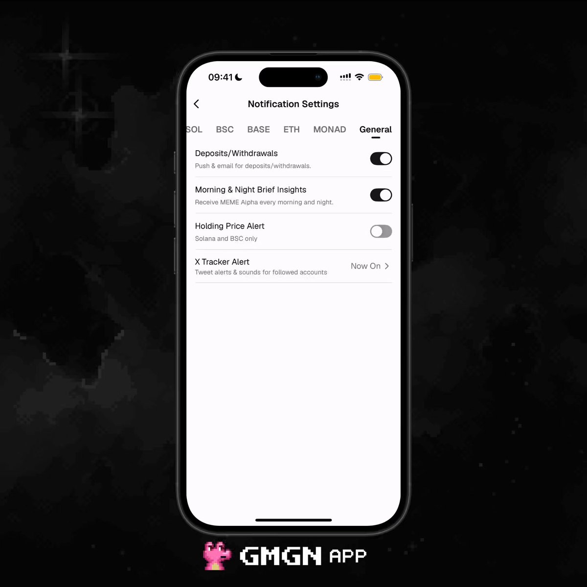 The image shows a smartphone screen displaying various settings and notifications for an app called GMGN. The phone's display features a pink background with white text that reads "GMGN now tells you when your bags wake up! Get the GMGN AP, never miss a pump again!". This message is accompanied by a link to the app store page where one can download the application.

The image also includes a screenshot of the phone's screen showing the settings menu and notifications panel. The phone's display shows that the notifications are active, with several options such as "Notification Settings", "Base64 Encoding", "Mono Alerts", "Mondays", "Price Alerts", and "Pump".