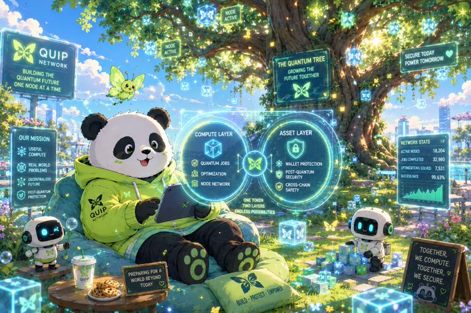 The image features a cartoon panda sitting on a chair, surrounded by other cartoon characters such as robots and trees. The panda appears to be enjoying its time with a cup of coffee while looking at the camera. The scene takes place outdoors, with a tree in the background and a cityscape visible behind it. The post about Quip network's architecture is related to this image because it highlights how Quip is trying something different by creating a new narrative for their projects that can solve multiple problems simultaneously.