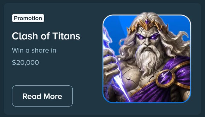 The image shows an advertisement for a video game named "Clash of Titans". The ad promotes a special promotion that allows players to win a share in $20,000. It features an illustration of the character "Clash of Titans" wearing purple robes holding a lightning bolt and sword, as well as text emphasizing the deal and the benefits it provides for gamers who play the game on @Stake or at other compatible gaming websites.