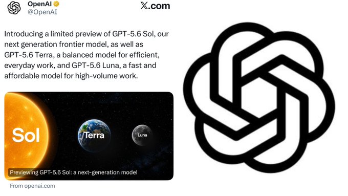 The image is an OpenAI X.com post announcing a limited preview of three new frontier models: GPT-5.6 Sol (a next-generation model), GPT-5.6 Terra (for efficient everyday work), and GPT-5.6 Luna (a fast, affordable model for high-volume tasks), visually represented by images of the Sun, Earth, and Moon respectively alongside the OpenAI logo.