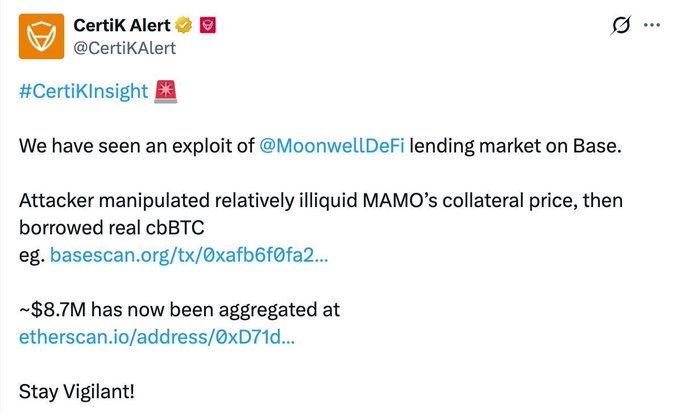 CertiK Alert tweet reporting an $8.7M exploit of Moonwell DeFi on Base, where the attacker manipulated MAMO's collateral price to borrow real cbBTC, with funds aggregating at address 0xD71d on Etherscan.