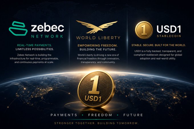 The image features three logos representing different companies - Zebec Network, World Liberty, and USD1. The logos are displayed against a dark blue background with a globe at the center. Below each logo, there's text that describes their vision for the future of finance. The text reads: "Instant payments, financial freedom, and stable digital value accessible worldwide". This suggests that these companies aim to create a global network where people can easily transfer money in real time, access financial services with ease, and benefit from stable digital currency.
