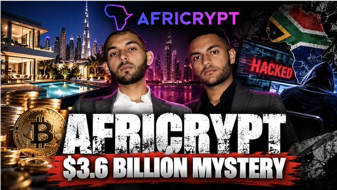 A YouTube thumbnail titled 'AFRICRYPT $3.6 BILLION MYSTERY' featuring two men in suits, a Bitcoin symbol, a South African flag, and the word 'HACKED' against a backdrop of Dubai skyscrapers.