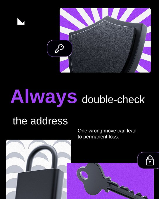 An informational graphic featuring a padlock and keys with the text 'Always double-check the address' and 'One wrong move can lead to permanent loss.'