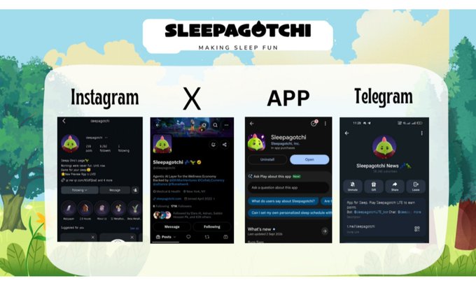 Promotional graphic for "SLEEPAGOTCHI - Making Sleep Fun" showing the brand's presence across Instagram, X, App, and Telegram platforms.