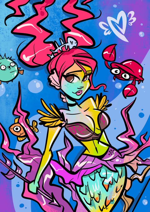 A colorful cartoon drawing depicts a mermaid character with pink hair, a small crown, and a yellow top, surrounded by underwater elements including a green fish, a crab, and pink coral in a vibrant blue ocean setting.