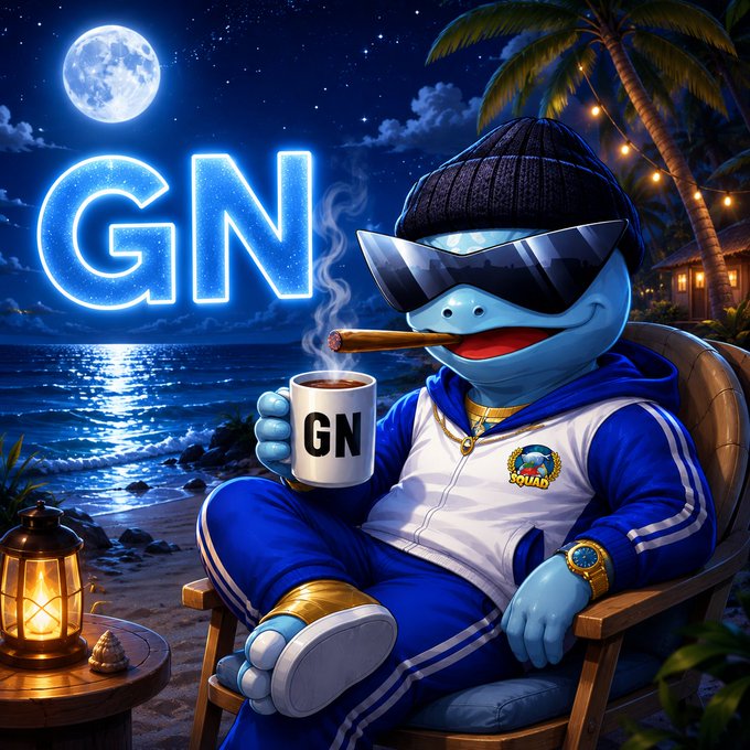 A blue anthropomorphic turtle character wearing sunglasses, a beanie, and a tracksuit relaxes in a beach chair, smoking a cigar and drinking from a mug labeled 'GN' under a glowing neon 'GN' sign, with a full moon over the ocean behind him.