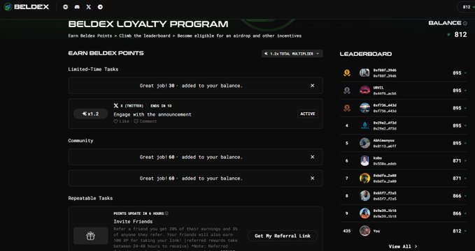A screenshot of the "BELDEX LOYALTY PROGRAM" dashboard showing a balance of 812, tasks, and a leaderboard.