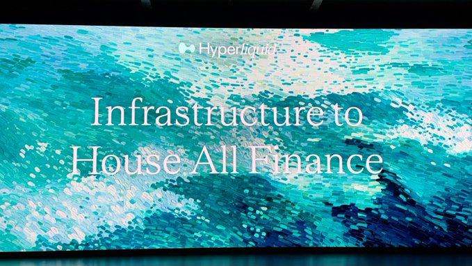 A digital display showing the Hyperliquid logo with the text 'Infrastructure to House All Finance' over a blue, abstract underwater-style background.