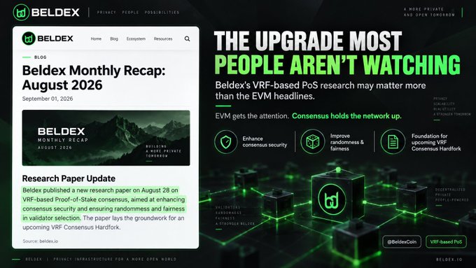 A Beldex promotional graphic featuring a blog post titled 'Beldex Monthly Recap: August 2026' alongside headlines 'THE UPGRADE MOST PEOPLE AREN'T WATCHING' and information about VRF-based Proof-of-Stake consensus research.