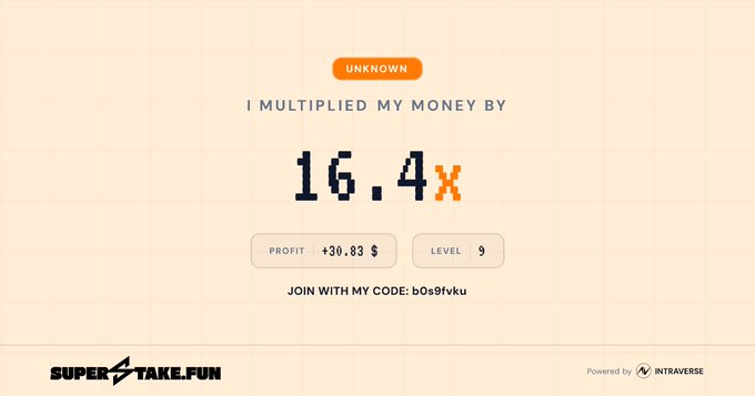 A digital dashboard displaying 'I MULTIPLIED MY MONEY BY 16.4x' with a profit of +30.83$ at Level 9, branded with 'SUPER STAKE.FUN' and powered by 'INTRAVERSE', inviting users to join with code 'b0s9fvku'.