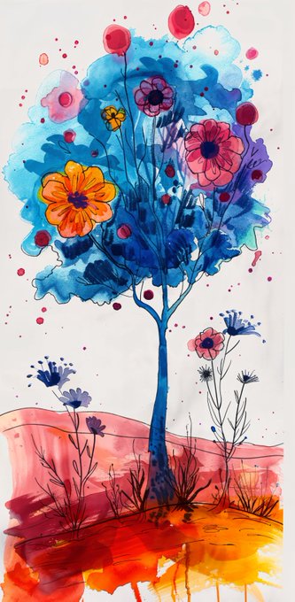 A colorful watercolor painting of a blue tree with pink, orange, and red flowers, set against a red and yellow landscape.