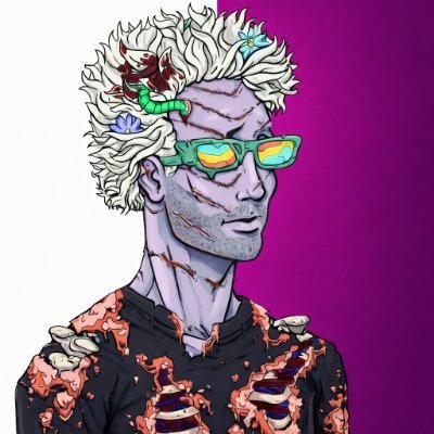 A digital illustration depicts a purple-skinned character with white coral-like hair, green sunglasses reflecting a sunset, and small sea creatures on his face and shoulders.