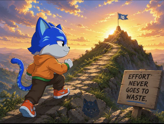 The image features a cartoon cat wearing an orange shirt, walking up a steep hill with a sign that reads "Effort never goes to waste." The cat appears to be climbing the mountain while carrying a banner or flag. This scene is related to the post because the caption on the image emphasizes the importance of effort and perseverance in achieving goals, just like the cartoon cat's journey up the steep hill.