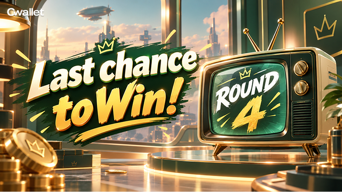 A promotional banner from 'Gwallet' announcing 'Last chance to Win! Round 4' with a retro television graphic showing a crown logo, set against a futuristic cityscape with gold coins.