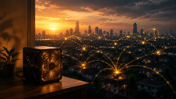 The image features an urban cityscape with tall buildings at dusk, creating a beautiful sunset scene. In front of these buildings, there's a small black box fan that appears to be turned off or not actively used. The background of the photo is filled with lights from numerous connected devices and buildings, indicating a highly connected environment in this city.