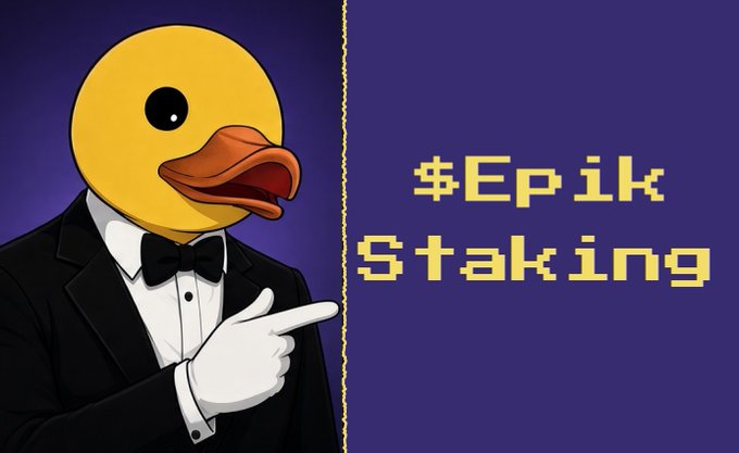 An illustrated duck wearing a black tuxedo with a white bow tie and white gloves points toward yellow pixelated text reading '$Epic Staking' on a dark purple background.