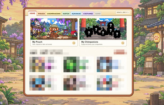 A screenshot of a game menu with navigation tabs for HOME, POUCH, CHIMPANIONS, HATCH, ALMANAC, COSTUMES, and GAME, featuring panels for 'My Pouch' and 'My Chimpanions' alongside a grid of blurred images.