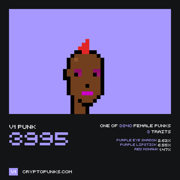 CryptoPunks NFT display for 'V1 PUNK 3935', a female punk with purple eyeshadow, purple lipstick, and a red mohawk, noted as one of 3840 female punks with 3 traits.