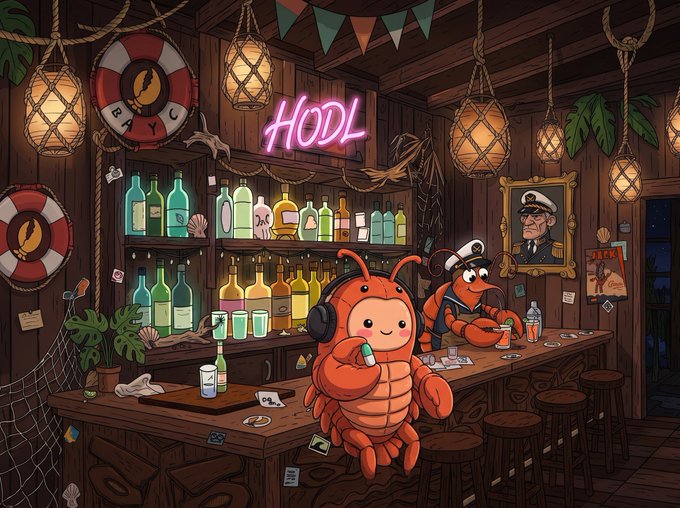 A colorful digital illustration of a crab character wearing headphones in a nautical-themed bar with a neon "HODL" sign and various decorations including life preservers and a portrait of a captain.