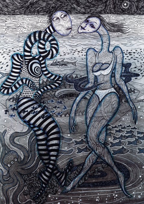 A black, white, and blue ink illustration depicting two surreal humanoid figures with patterned bodies (one striped, one wood-grain textured) standing in a swirling sea with sharks, fish, and a moonlit sky.