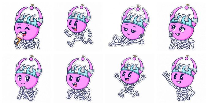 A set of eight cartoon sticker designs featuring a pink round-headed skeleton character with a blue crown, showing various poses including eating ice cream, running, and waving.