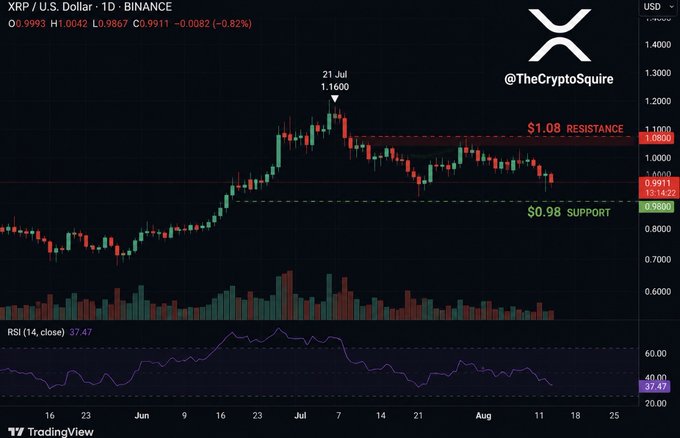 A TradingView candlestick chart for the XRP/USD cryptocurrency pair on Binance, showing a peak of 1.1600 on July 21, with marked resistance at $1.08 and support at $0.98.