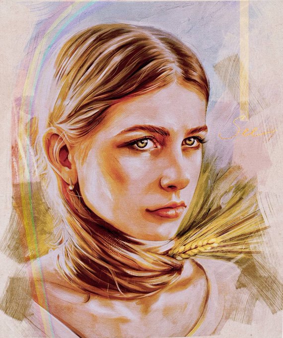 A digital portrait painting of a young woman with blonde hair and green eyes, holding a wheat stalk against a soft pastel background.