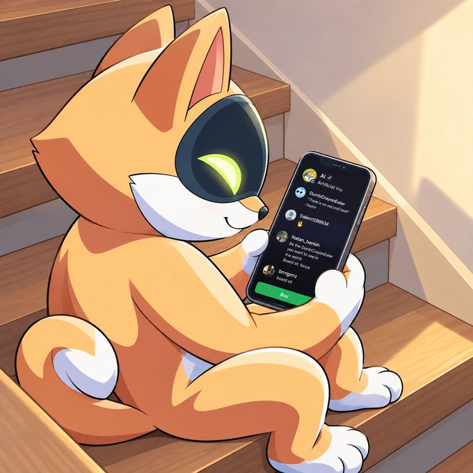Digital illustration of an orange and white cartoon cat with a single large glowing green eye sitting on wooden stairs while holding and looking at a smartphone displaying a social feed.