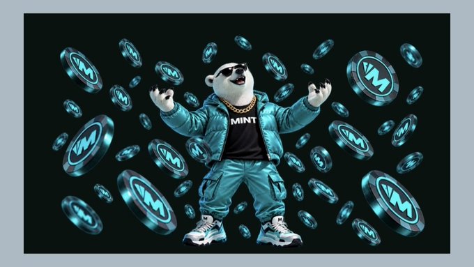 A 3D-rendered anthropomorphic white bear wearing sunglasses, a black shirt with 'MINT' text, and a teal jacket and pants, stands with arms raised surrounded by floating glowing teal coins with 'VM' logos.