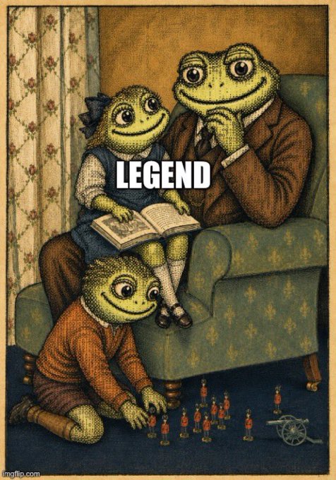 A vintage-style illustration of an anthropomorphic frog family reading a book and playing with toy soldiers, with the word "LEGEND" overlaid in the center.