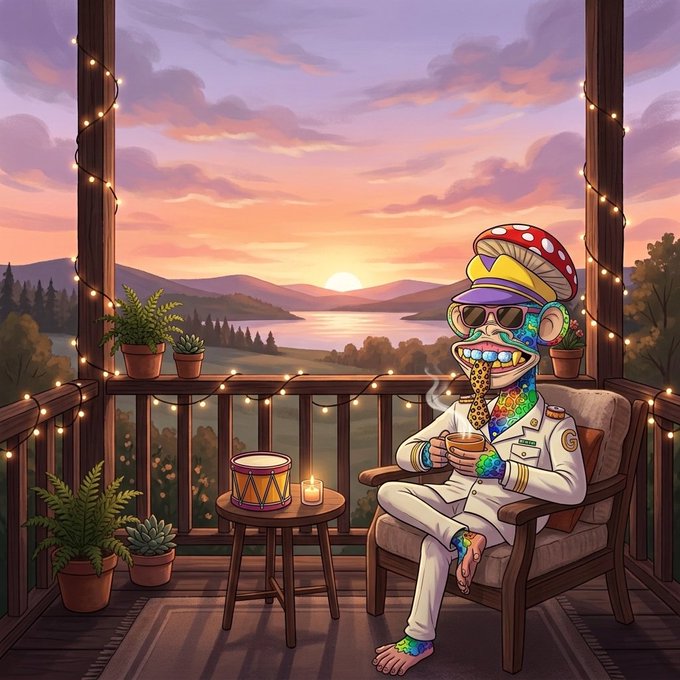 A digital illustration of a colorful mushroom-capped character wearing a white naval uniform and sunglasses, sitting in a chair on a porch with string lights while holding a mug at sunset.