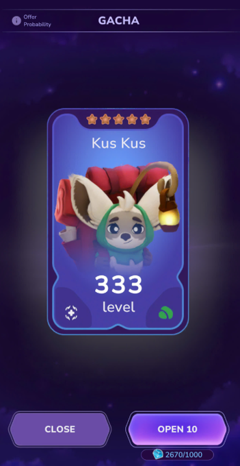 Mobile game 'GACHA' screen showing a 5-star character named 'Kus Kus' at level 333, with 'CLOSE' and 'OPEN 10' buttons.