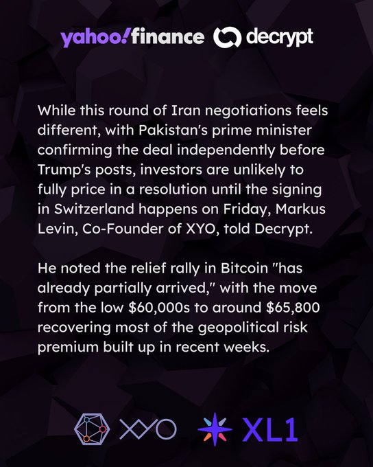 The image shows a screenshot from a Yahoo Finance blog, where a post discusses the current political climate and its impact on Bitcoin's price. The post mentions that XYO provided his expertise for this matter, which can be attributed to the @YahooFinance link displayed at the bottom of the article. This indicates that the website is providing information about how market conditions are affecting Bitcoin's value, in particular its price.