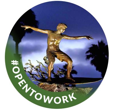 The image features a bronze statue of a man surfing on top of a surfboard. The statue is surrounded by palm trees, creating an atmosphere reminiscent of a beach or coastal location. The caption below the image reads "OpenToWork", which could be interpreted as a reference to the open-to-work culture often associated with surfing and beach activities.