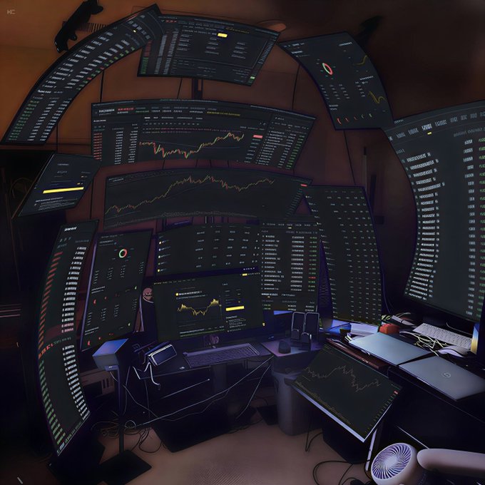A trader's workstation featuring multiple curved and stacked monitors displaying financial charts, candlestick graphs, and market data in a dimly lit room.