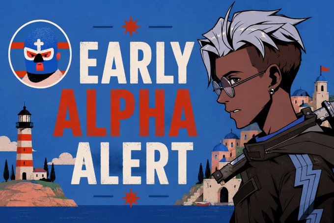 The image shows a promotional graphic featuring "EARLY ALPHA ALERT" text alongside a hand-drawn illustration of a stylish character with white hair and round sunglasses, with a lighthouse and Mediterranean-style buildings in the background. The artwork's distinct storybook aesthetic directly reflects the post's description of the upcoming ETH NFT collection by @JDOTCOLOMBO, showcasing the unique art style that sets it apart from typical PFP projects.