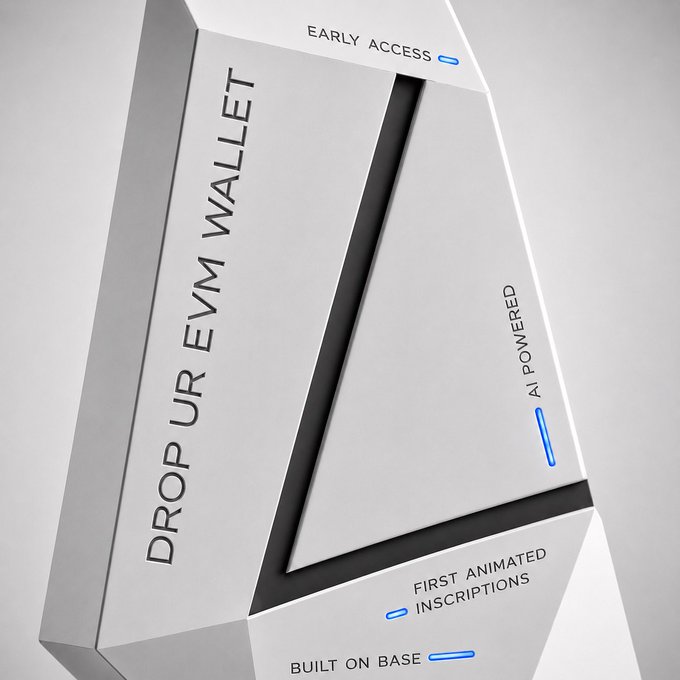 The image shows a white box with black text that reads "DROP URB UR EVM wallet". The box also contains information about an early access account, which allows users to access the wallet before its official release date. The text on the box indicates that the wallet is powered by artificial intelligence and can be used for transactions.