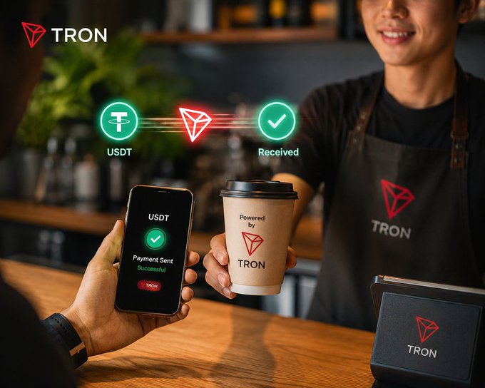 A promotional image showing a TRON coffee shop transaction where a customer pays with USDT cryptocurrency via mobile phone, with the barista handing over a 'Powered by TRON' coffee cup.