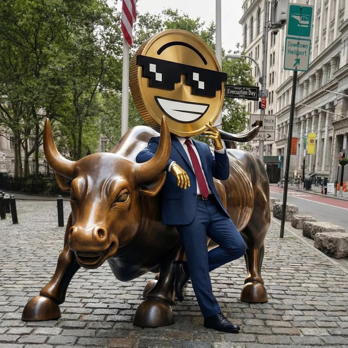 A gold coin mascot wearing pixelated "deal with it" sunglasses leans on the iconic Wall Street Charging Bull statue, with visible street signs reading "Downtown Heliport," "Evacuation Day," and "Truck Route" in the background. The image playfully captures the "Feeling Bullish" sentiment by personifying crypto enthusiasm charging alongside a symbol of traditional market optimism.