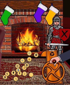 The image features a cartoon scene of a man dressed as a knight standing next to a fireplace with three stockings hanging above him. One of the stockings has a red cross on it. The fire appears to be burning brightly, illuminating the room. In front of the fireplace is an old-fashioned machine that looks like a recycling bin or a shredder. A person's hand can be seen holding a key near this machine.