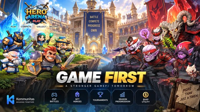 Promotional banner for 'Hero Arena Plus' GameFi featuring fantasy characters, a castle, and text including 'GAME FIRST - A STRONGER GAMEFI TOMORROW', 'PLAY, COMPETE, COLLECT, BELONG', and 'Battle, Compete, Progress, Own', along with features like PvP Battles, NFT Heroes, Tournaments, Season Progression, and $Nap Utility, plus a 'More than just a token' sign.