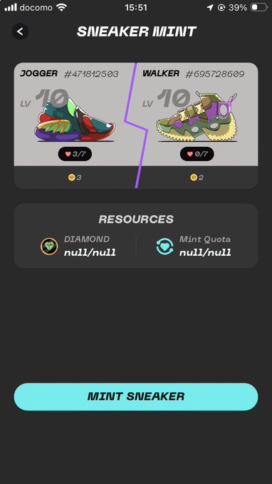 A screenshot of a 'SNEAKER MINT' app showing two level 10 sneakers ('JOGGER' #471812503 and 'WALKER' #695728609) with empty resource counters and a cyan 'MINT SNEAKER' button.