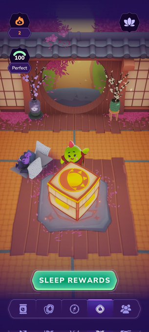 Mobile game screen showing a Japanese-style room with a glowing lantern and a cute green creature, featuring a 'SLEEP REWARDS' button and various UI icons.