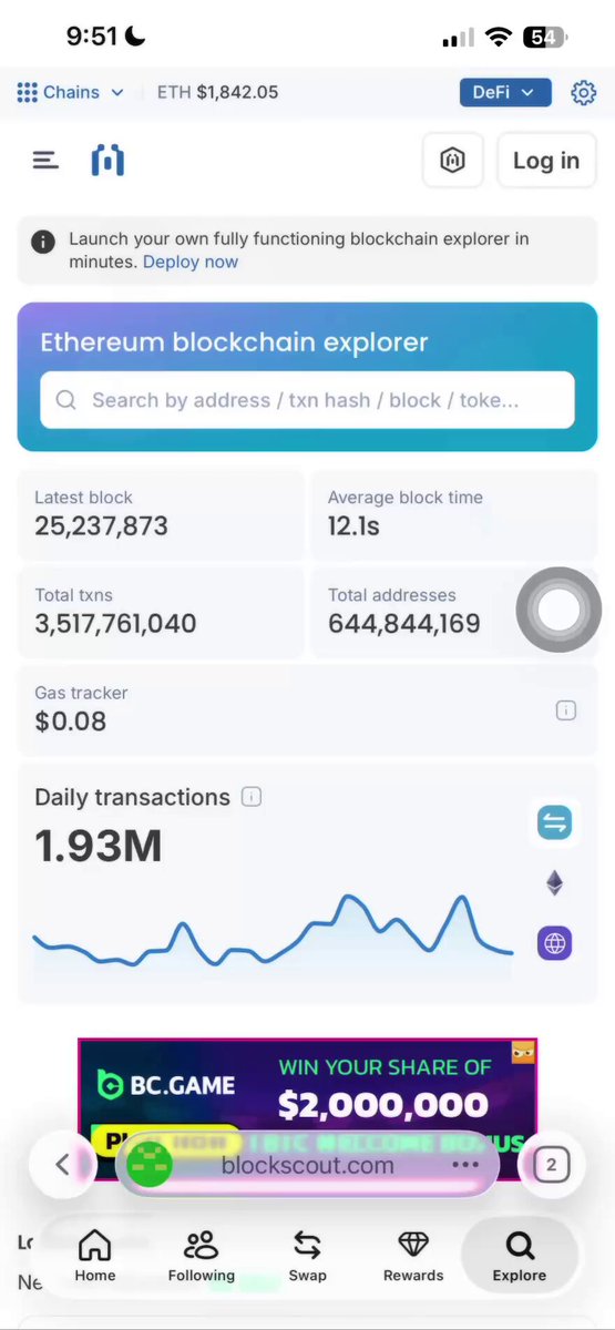 The image shows a phone screen displaying information about Bitcoin trading, specifically the cryptocurrency "blockscout". The screen has a blue header with white text that says "Yesss finally hit 100K @blockscout Merits Now waiting to see how this converts in the future Who else is farming Blockscout? How many merits you got?". The phone's display shows details about Bitcoin trading, including the number of Bitcoins being bought and sold.

The image also contains a small advertisement for a game called "DC Game". This suggests that the user might be interested in both cryptocurrency trading and gaming activities on their device.