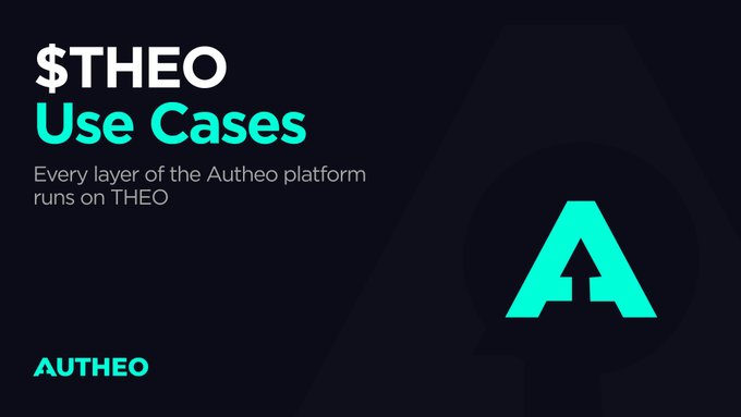 A dark promotional graphic titled "$THEO Use Cases" with the tagline "Every layer of the Autheo platform runs on THEO," featuring the Autheo logo and reflecting the post's message that $THEO serves as the utility token powering multiple functions across the Autheo network, including staking, compute, storage, and AI inference.