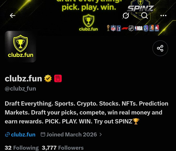 The image shows clubz.fun’s profile (@clubz_fun), describing it as “Draft Everything. Sports. Crypto. Stocks. NFTs. Prediction Markets” with a “PICK. PLAY. WIN.” message. The account joined March 2026 and has 3,777 followers, matching the post’s early-find spotlight on the fantasy competition platform.
