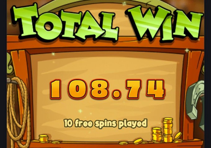 A digital slot machine screen displays a 'TOTAL WIN' of 108.74, noting '10 free spins played,' with stacked gold coins illustrated at the bottom.